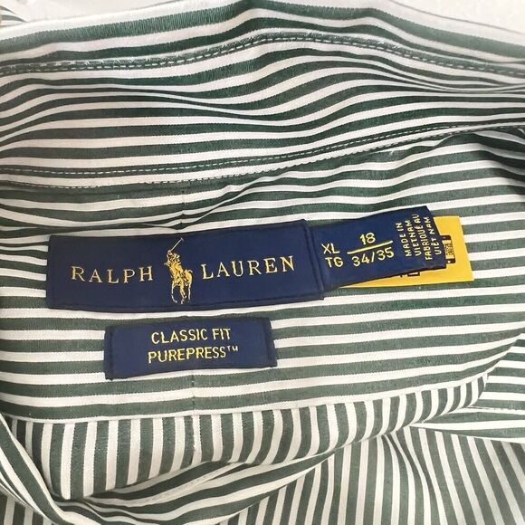 Ralph Lauren Purepress Classic Fit Shirt Button Down XL 18 34/35 Green Striped - Picture 8 of 9
